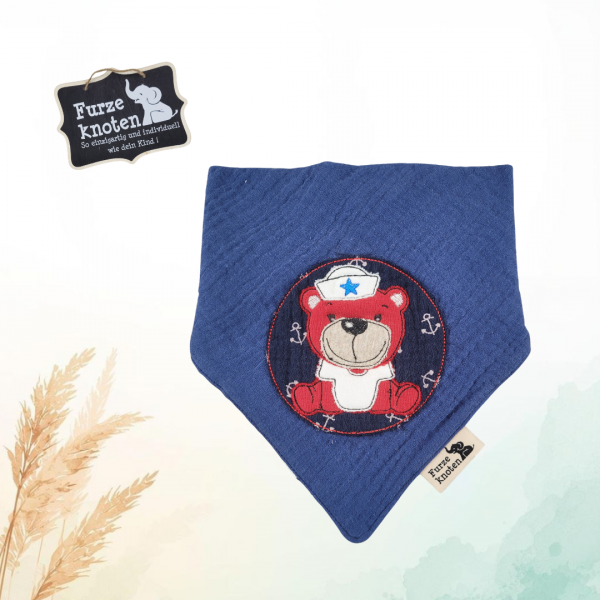 Musselinhalstuch mit Applikation "Bär Maritim" Blau